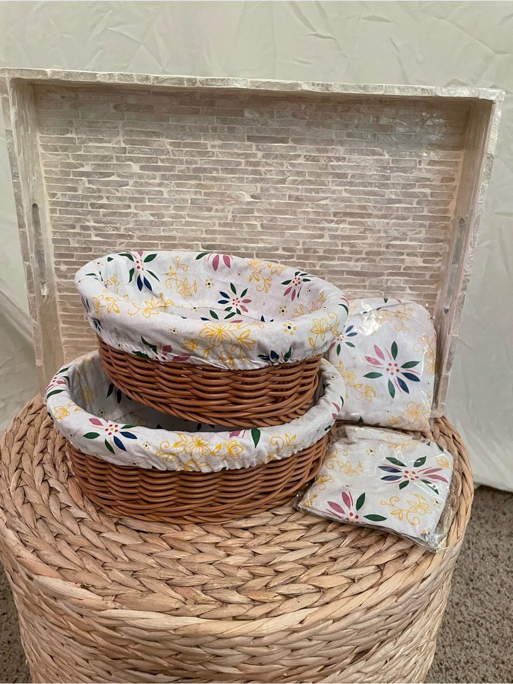 Temptations Floral Lined Wicker Baskets in White and Brown